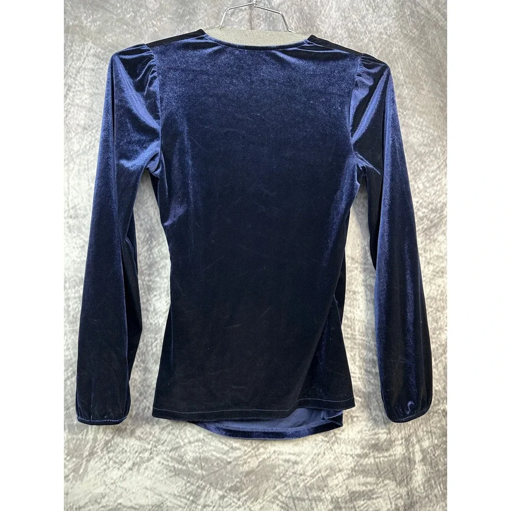 Boden Ellie Faux Wrap Top Women Size 6 Small Navy Blue Velvet Ruched Long Sleeve